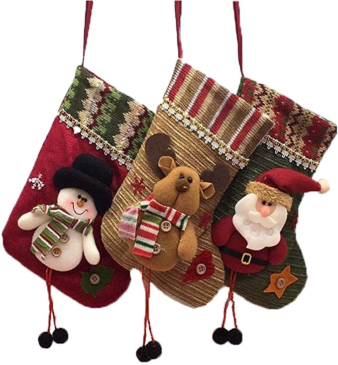 calcetines de navidad para la chimena en relieve 3D con reno, Santa Claus y muñeco de nieve