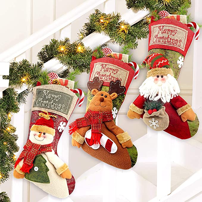 calcetines de navidad para la chimena en relieve 3D con reno, papa Noel y muñeco de nieve